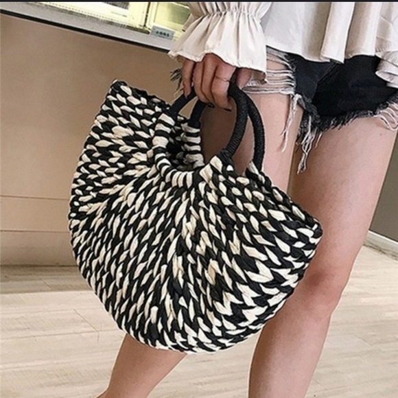None Handbags - SALE Half Semi Circle Straw Ratan Woven Structured Tote Bag Black Cream Boho